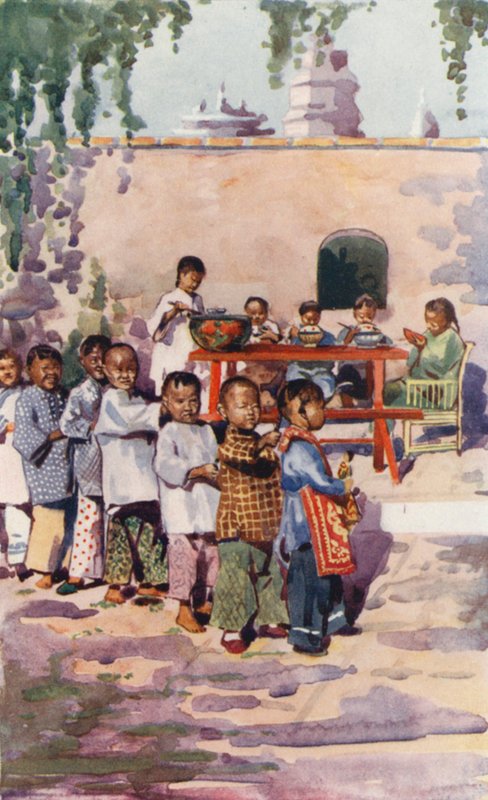 Děti Číny: Děti u jídla a při hře (barevná litografie) od English School