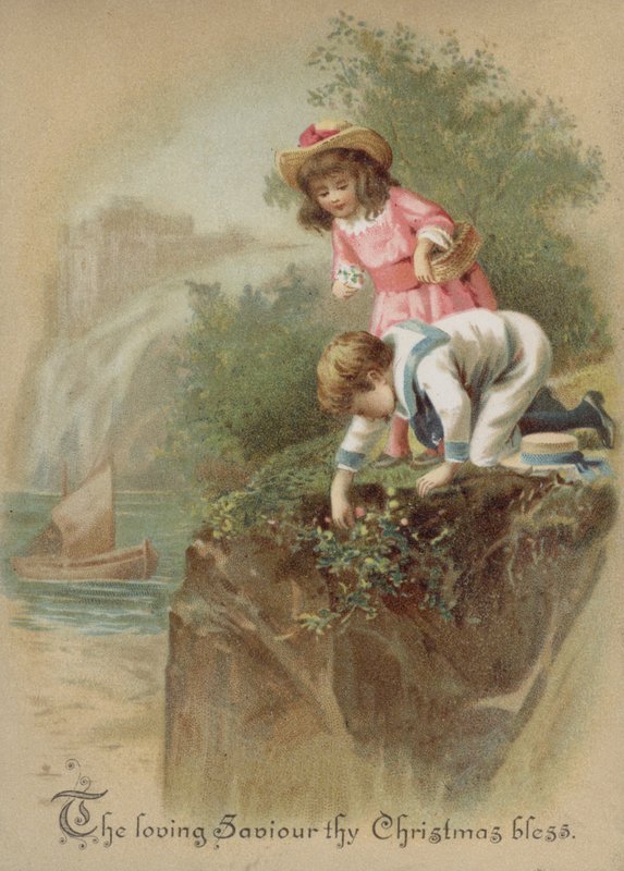 Děti trhající květiny na břehu řeky, vánoční přání (chromolitho) od English School