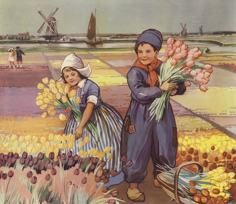 Děti sbírající tulipány v Holandsku (barevná litografie) od English School