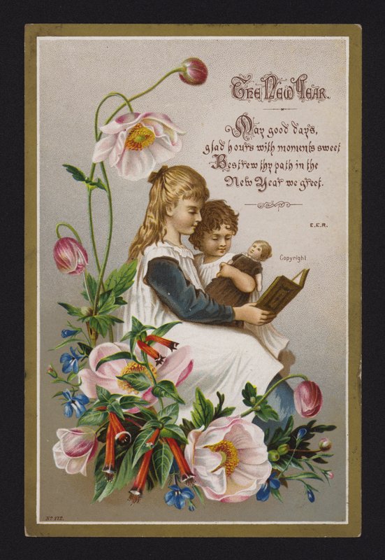 Děti čtou knihu, novoroční přání, konec 19. nebo začátek 20. století (chromolit) od English School