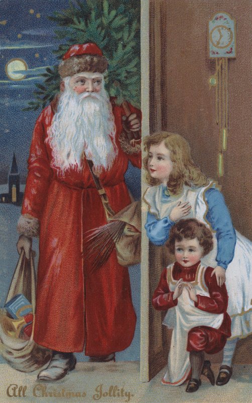 Děti čekající na Santa Clause, vánoční přání (chromolitho) od English School