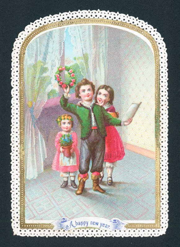 Děti s věncem a květinami, novoroční přání od English School