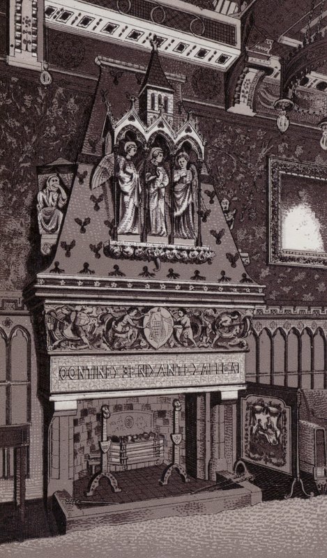 Komínový kus, zámek Cardiff (litho) od English School