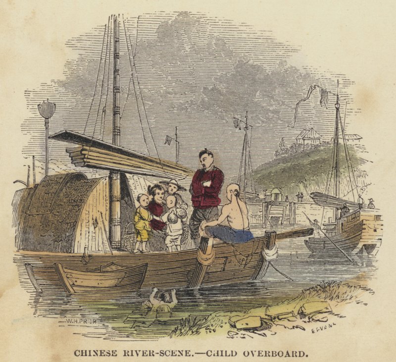 Chinese River-Scene, Child Overboard (barevná rytina) od English School