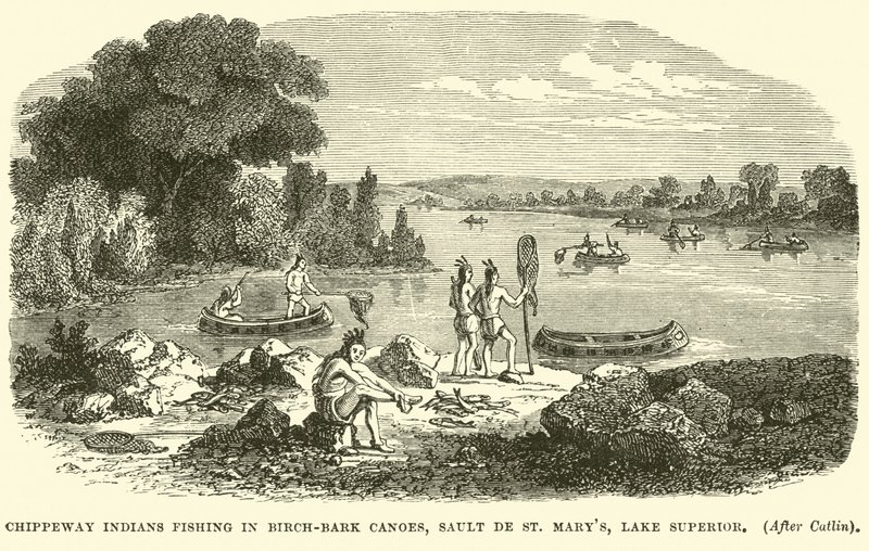 Indiáni Chippewa lovící v kánoích z březové kůry, Sault de St Marys, Hořejší jezero od English School