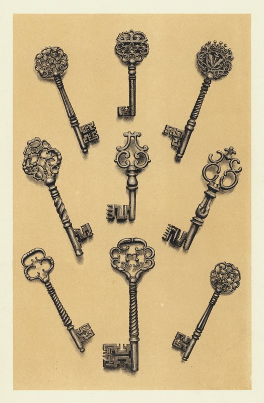 Vyřezávané ocelové klíče šestnáctého a sedmnáctého století (chromolitho) od English School