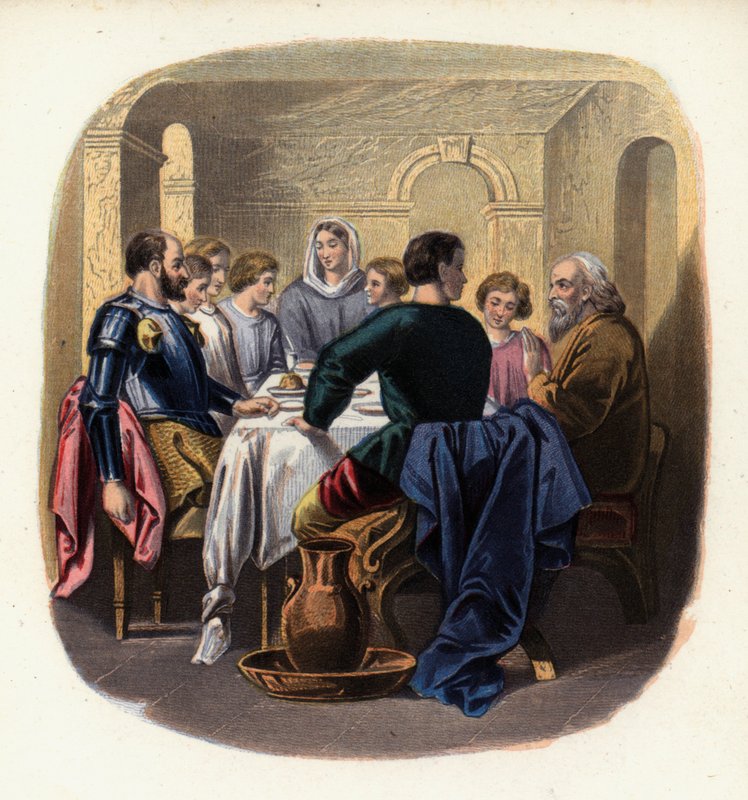 Christiana a poutníci v domě Gaius, ilustrace z The Pilgrim
