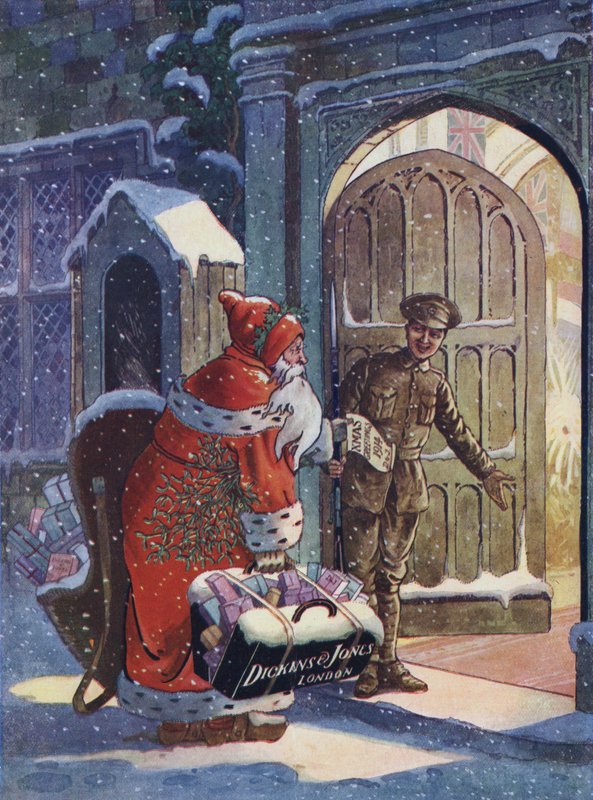 Vánoční reklama zobrazující Santa Clause přinášejícího dárky pro vojáky z 1. světové války z obchodního domu Dickins and Jones (barevné lito) od English School