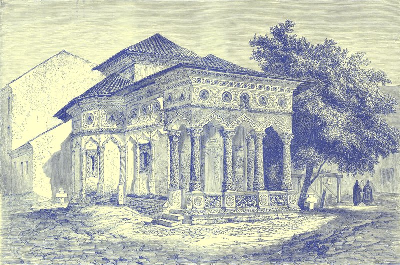 Kostel v Bukurešti, ilustrace z Illustrated Travels, editoval H. W. Bates, publikováno kolem roku 1880 (digitálně vylepšený obrázek) od English School