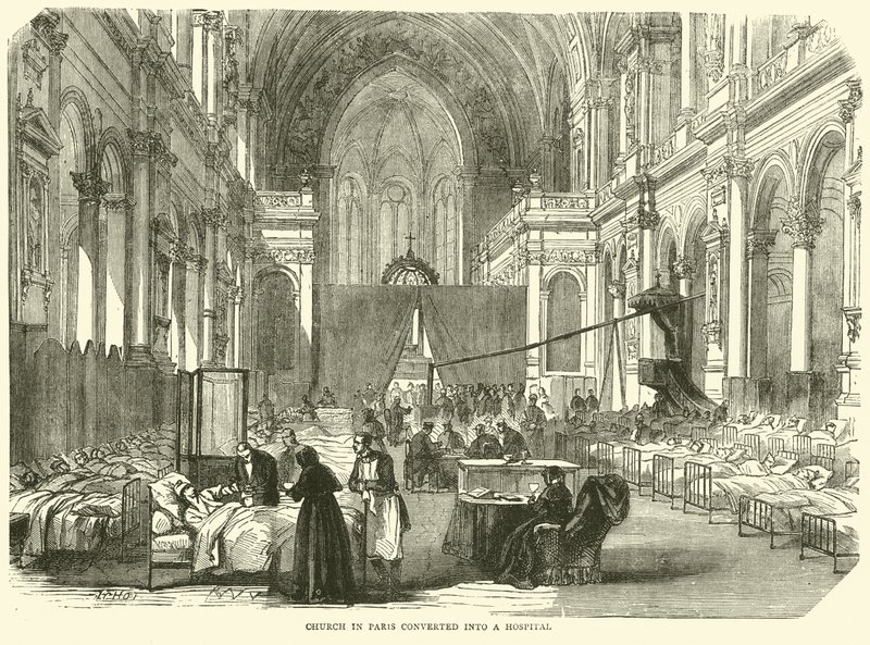 Kostel v Paříži přeměněn na nemocnici, listopad 1870 od English School