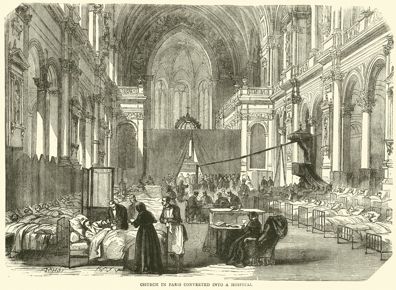 Kostel v Paříži přeměněn na nemocnici, listopad 1870 od English School