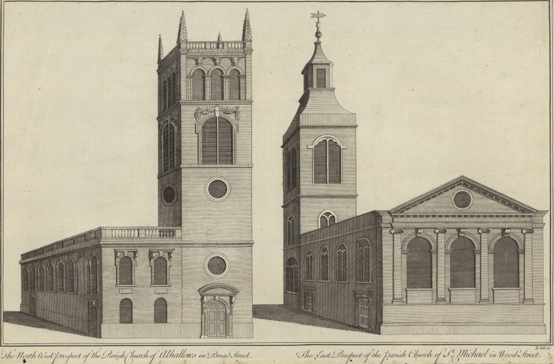Church of Allhallows v Bread Street a Church of St Michael in Wood Street, Londýn od English School