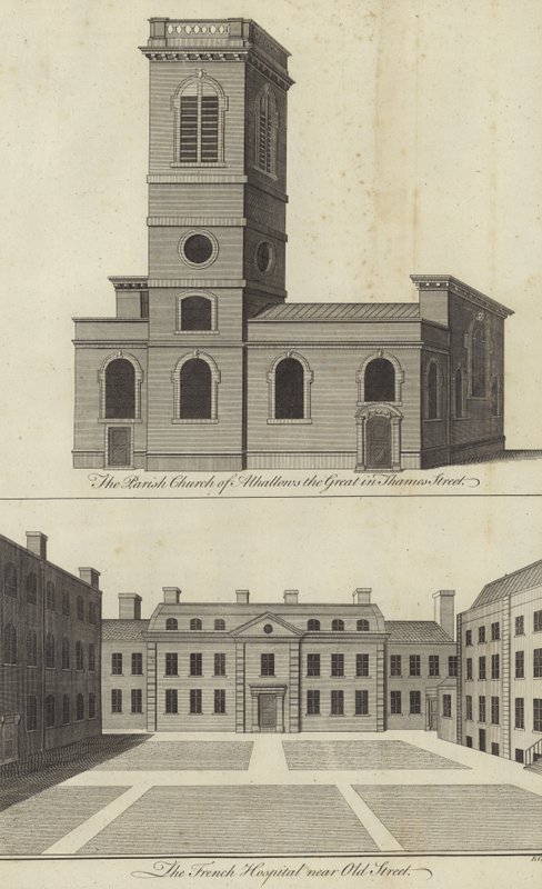 Church of Allhallows the Great, Thames Street a French Hospital poblíž Old Street, Londýn od English School