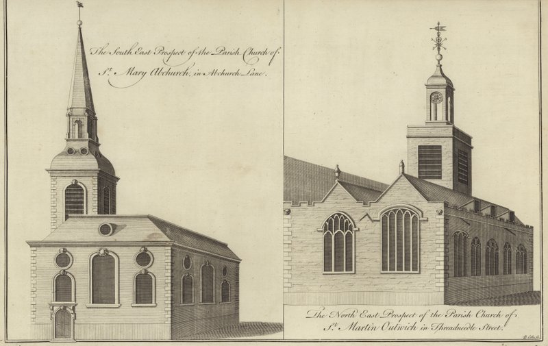 Kostel St Mary Abchurch, Abchurch Lane a Kostel St Martin Outwich v Threadneedle Street, Londýn od English School