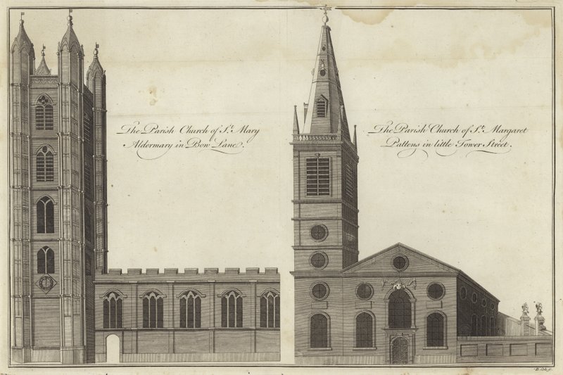 Kostel St Mary Aldermary v Bow Lane a kostel St Margaret Pattens v Little Tower Street v Londýně od English School