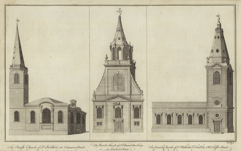 Kostely St Swithin, Cannon Street, St Edmund the King, Lombard Street a St Nicholas Cole Abbey, Old Fish Street od English School