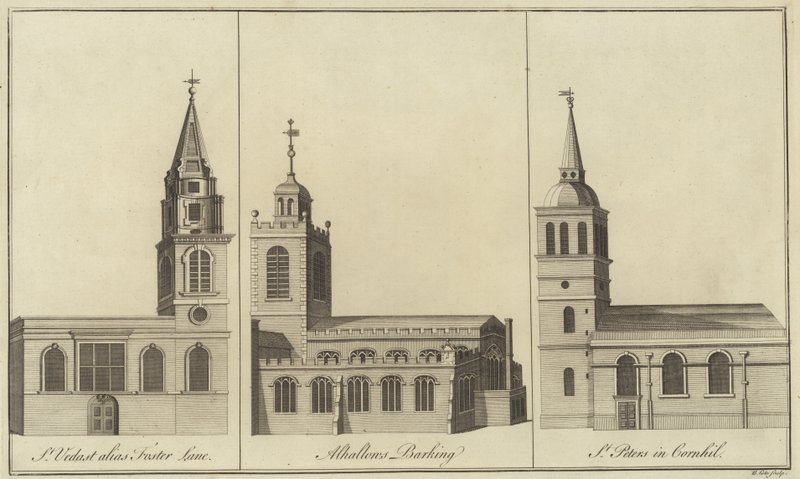 Kostely St Vedast, Foster Lane, Allhallows, Barking a St Peter v Cornhill, Londýn od English School