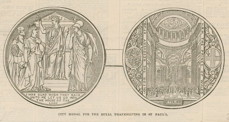 Městská medaile pro královské díkůvzdání v katedrále svatého Pavla v Londýně 27. února 1872. od English School