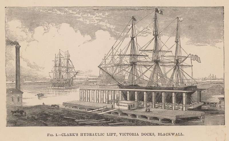 Hydraulický výtah Clarks, Victoria Docks, Blackwall od English School