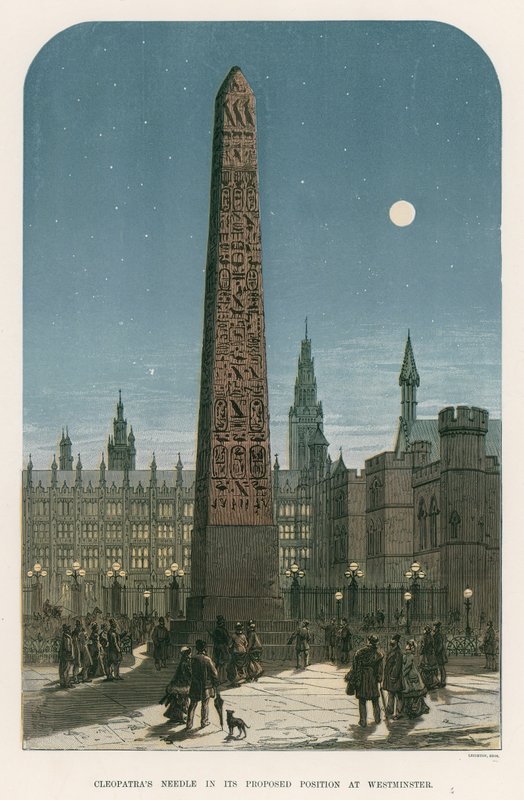 Cleopatras Needle ve své navrhované pozici ve Westminsteru od English School