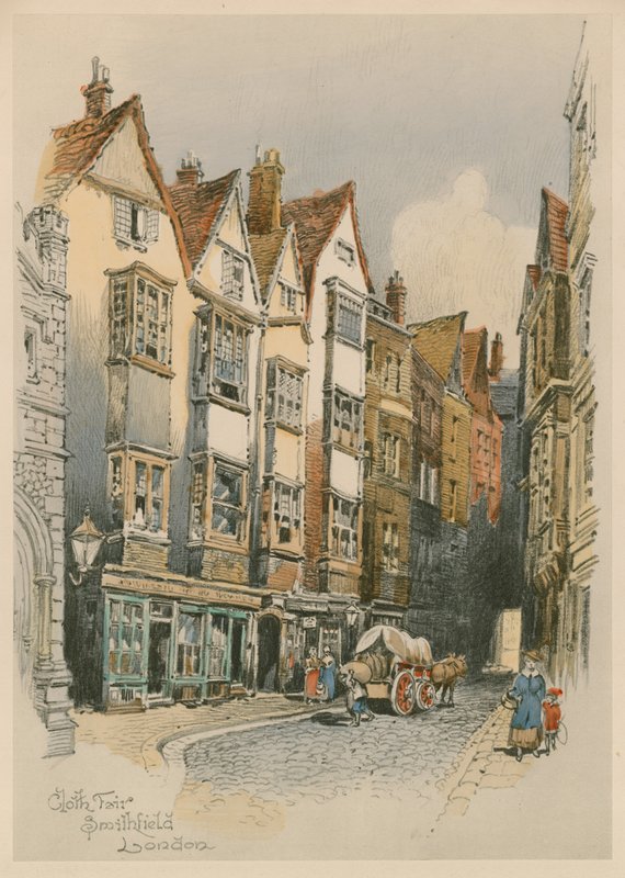 Cloth Fair, Smithfield, Londýn, skica akvarelem (wc na papíře) od English School