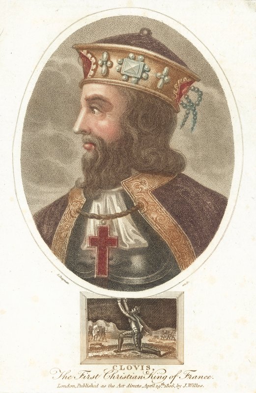 Clovis I, první křesťanský král Franků (barevná rytina) od English School