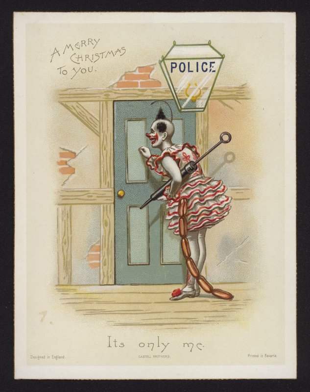 Klaun klepe na dveře policejní stanice (chromolitho) od English School
