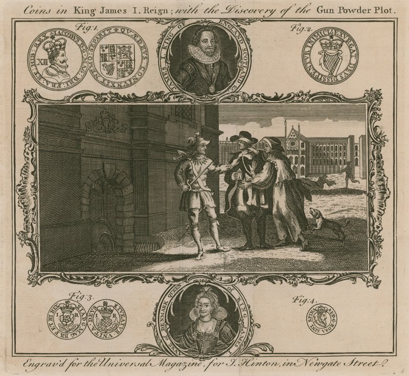 Mince ve vládě krále Jakuba I. s objevem Gunpowder Plot od English School