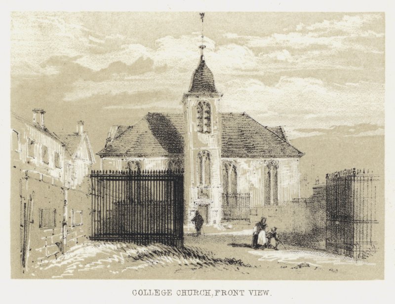 College Church, čelní pohled (rytina) od English School
