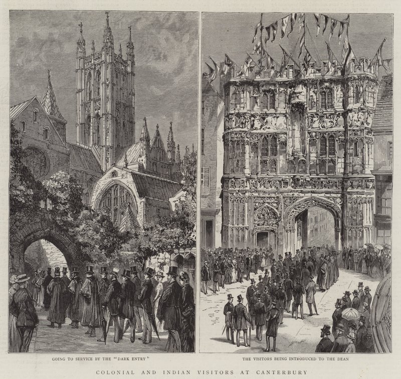 Koloniální a indičtí návštěvníci v Canterbury (rytina) od English School