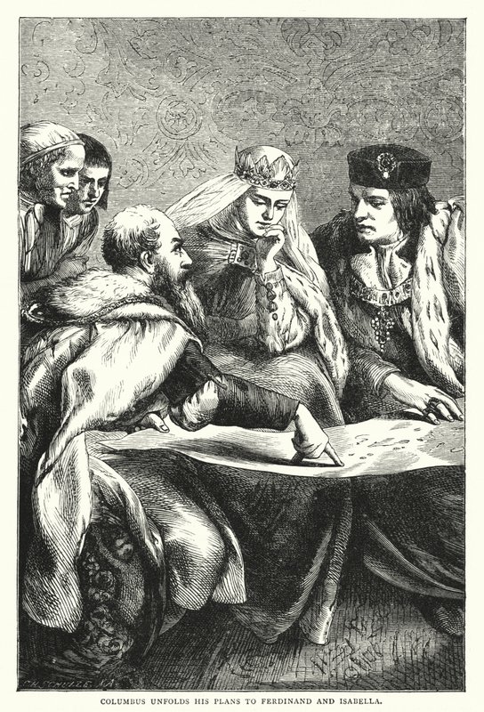 Kolumbus rozvíjí své plány Ferdinandovi a Isabelle (barevná rytina) od English School