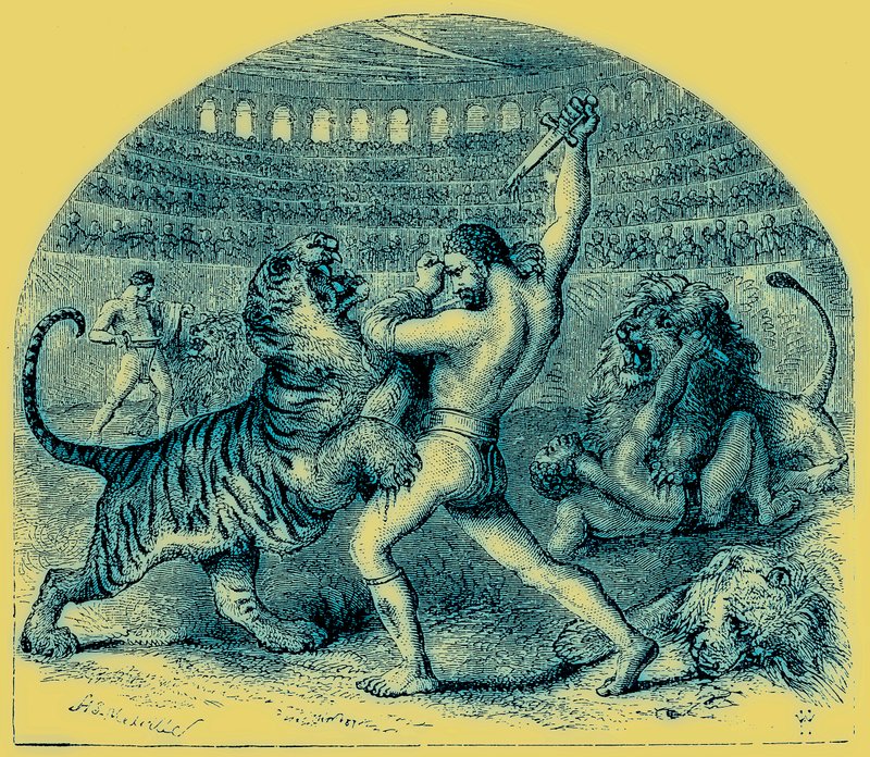 Combat of Gladiators with Wild Animals, ilustrace z The Illustrated History of the World, publikovaná kolem roku 1880 (digitálně vylepšený obrázek) od English School
