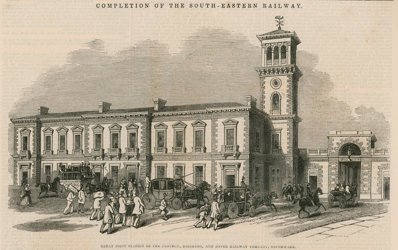Dokončení jihovýchodní železnice: Velká společná stanice společnosti Croydon, Brighton and Dover Railway Company, Southwark, Londýn od English School
