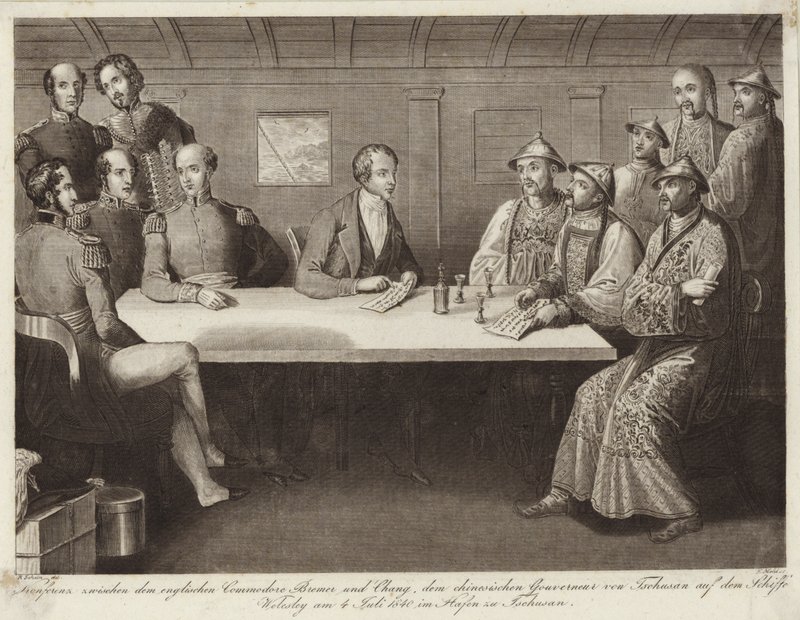 Konference v Chusan mezi komodorem Bremerem a čínským úředníkem na HMS Wellesley 4. července 1841 od English School