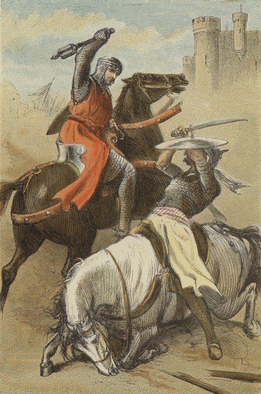 Konflikt mezi Godfrey de Bouillon a Saracény v Antiochii (barevná rytina) od English School