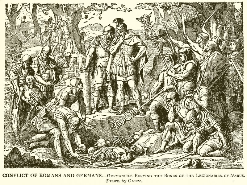 Konflikt Římanů a Germánů.- Germanicus pohřbívání kostí legionářů z Vara od English School