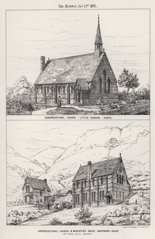sborová církev, Little Hadham, Herts; Kongregační kostel a dům ministra, Nantmawr, Salop (rytina) od English School
