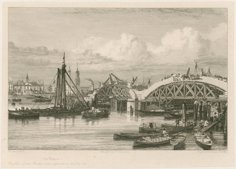 Stavba nového London Bridge, 26. července 1827 od English School