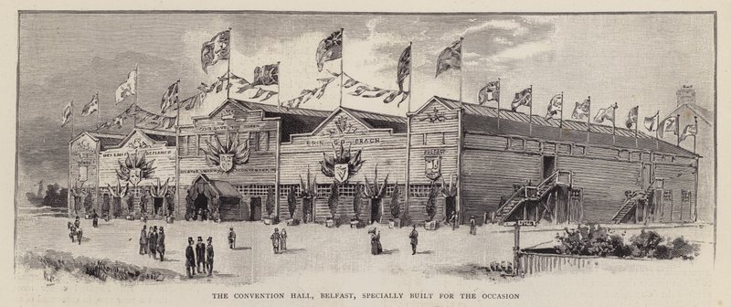 Convention Hall, Belfast, postavený pro Ulsterské unionistické shromáždění z roku 1892, které se konalo k demonstraci odporu ulsterských unionistů k irské samosprávě (litho) od English School