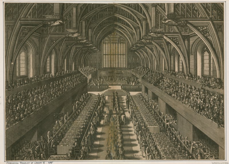 Korunovační hostina Jakuba II., 1685, ve Westminster Hall, Londýn od English School