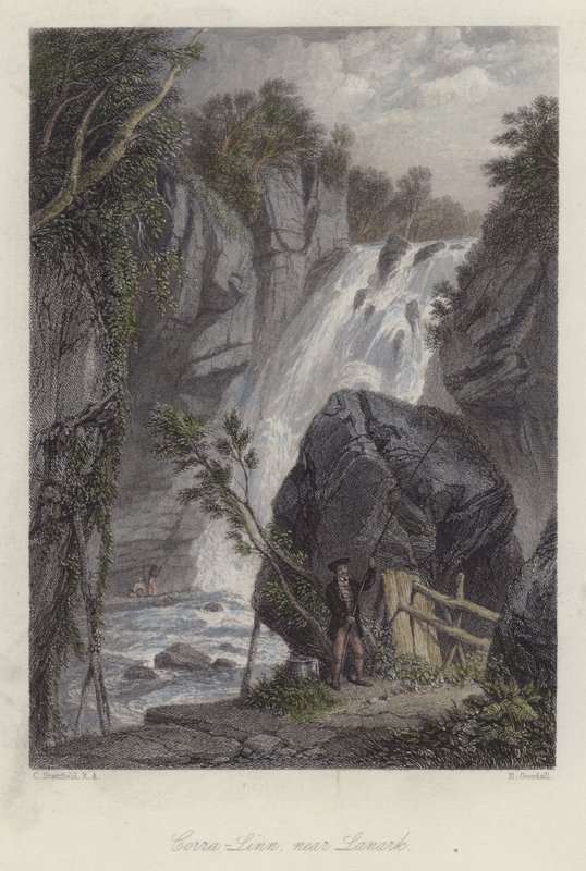 Corra Linn, poblíž Lanark, Skotsko (barevná rytina) od English School