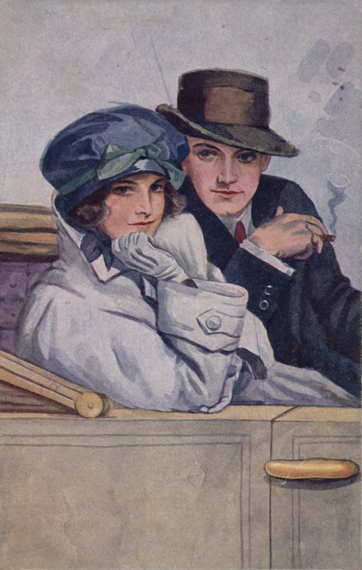 Pár sedící v autě (barevná litografie) od English School