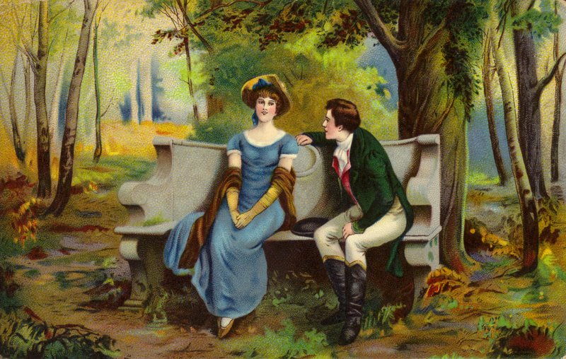 Pár sedí na loveseat od English School