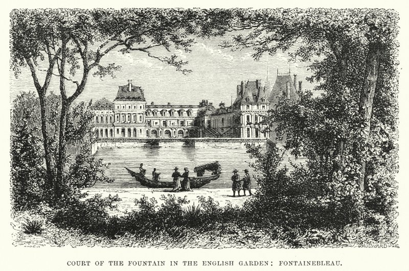 Nádvoří fontány v anglické zahradě, Fontainebleau (rytina) od English School
