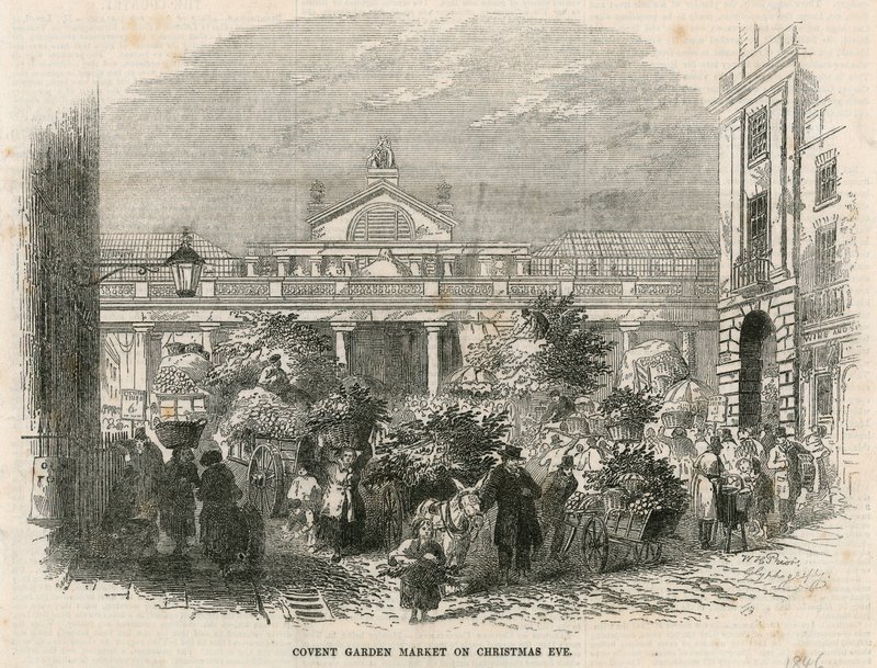 Trh Covent Garden v Londýně na Štědrý den od English School