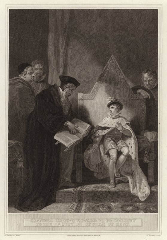Cranmer naléhá na Edwarda VI., aby souhlasil s popravou Johanky z Kentu od English School