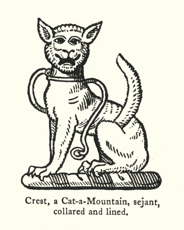 Crest, Cat-a-Mountain, sejant, límec a lemovaný (rytina) od English School