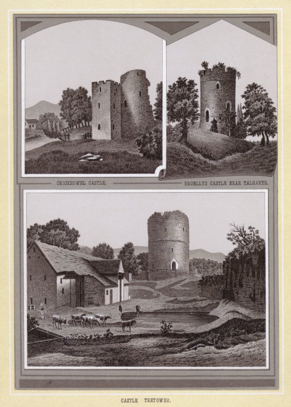hrad Crickhowel; Hrad Bronllys poblíž Talgarth; Hrad Tretower (litho) od English School