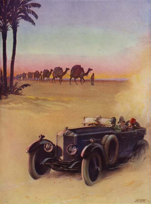 Přejezd pouští velbloudím vlakem a motorovým vozem (barva litho) od English School