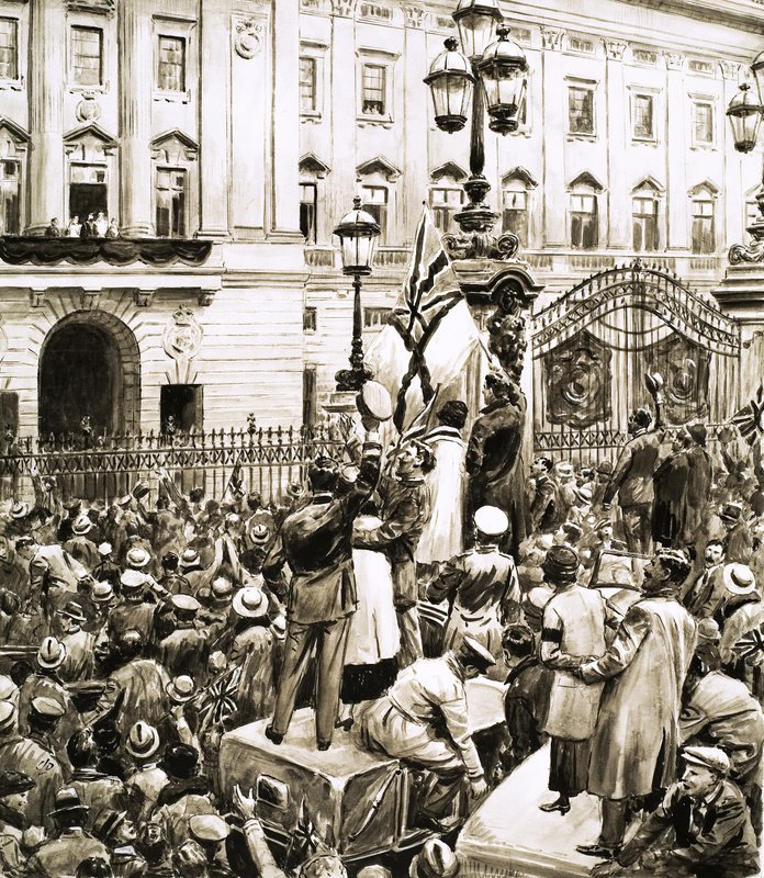 Davy před Buckinghamským palácem povzbuzují krále Jiřího V. v Den příměří od English School